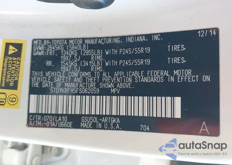 2015 Toyota Highlander Limited V6 from USA, damaged, VIN 5TDYKRFH5FS062059